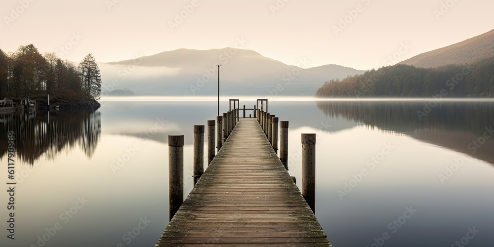 serene lakeside setting with calm waters reflecting the surrounding mountains  Generative AI Digital