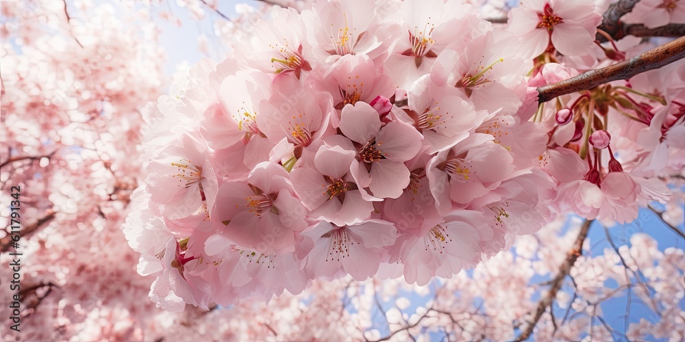 canopy of delicate cherry blossoms in full bloom, creating a breathtaking display of pink and white 