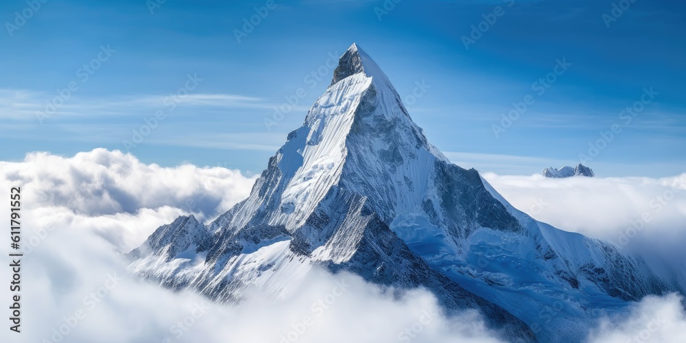 majestic snowy mountain peak towering above the clouds, its pristine white slopes contrasting agains