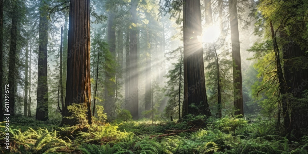 ancient redwood forest with towering trees reaching towards the sky, their moss-covered trunks creat