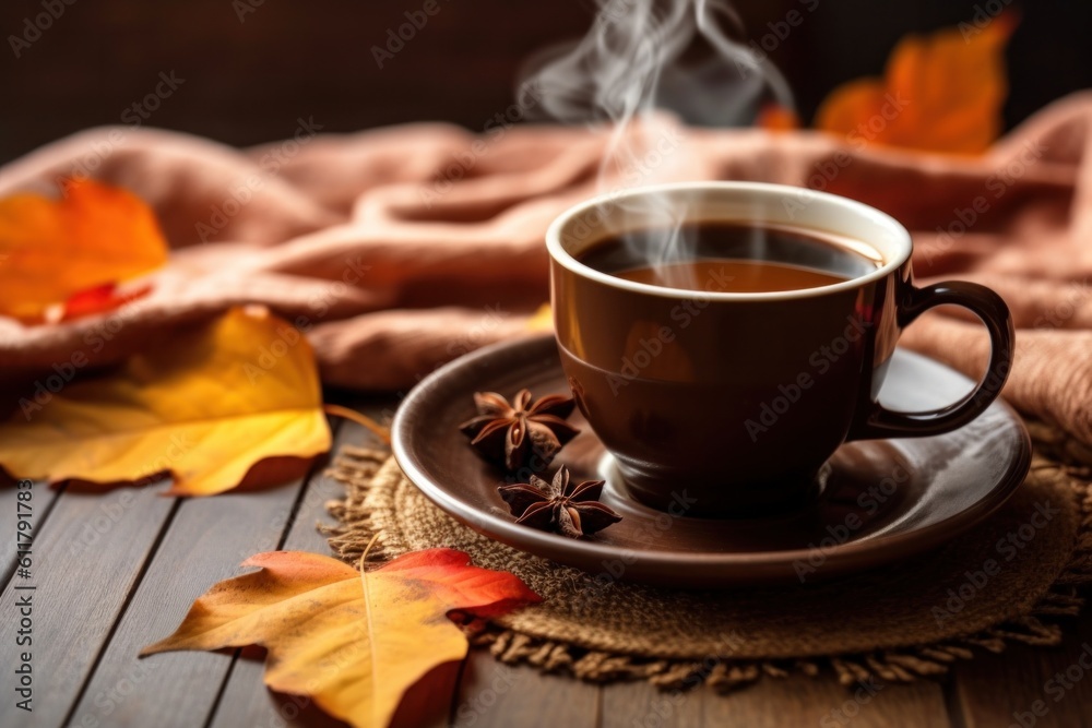 Autumn cozy background with coffee. Illustration AI Generative.