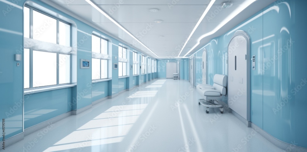 Modern hospital corridor. Illustration AI Generative