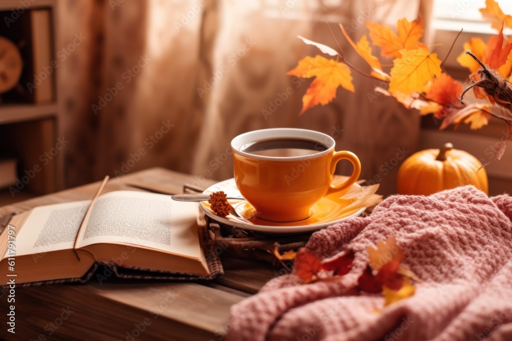 Autumn cozy background with coffee. Illustration AI Generative.