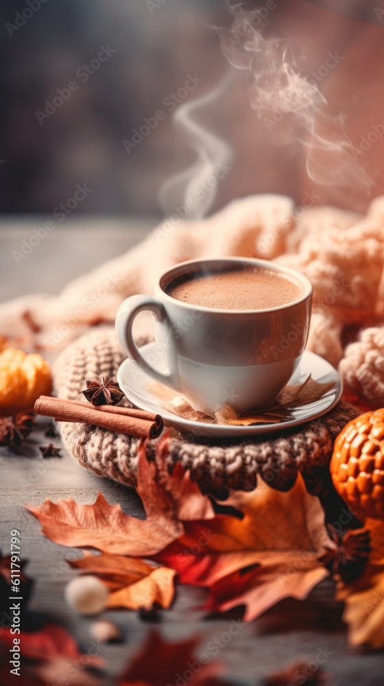 Autumn cozy background with coffee. Illustration AI Generative.