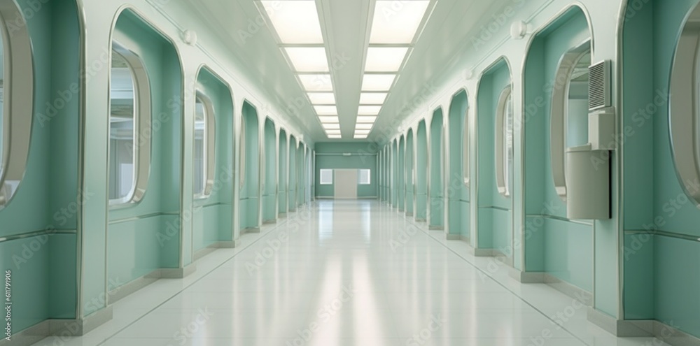 Modern hospital corridor. Illustration AI Generative