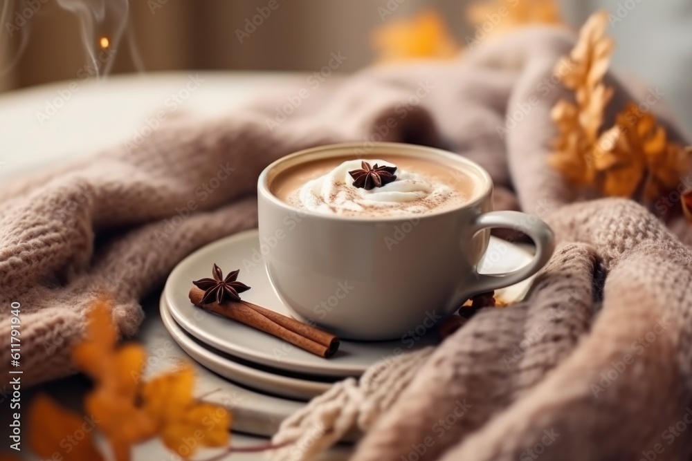 Autumn cozy background with coffee. Illustration AI Generative.