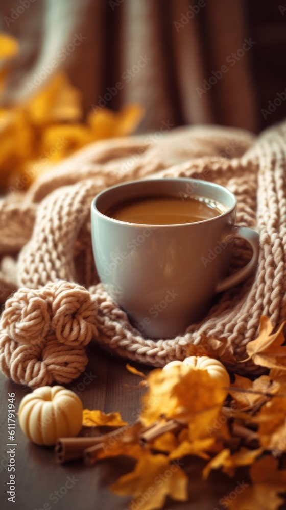 Autumn cozy background with coffee. Illustration AI Generative.