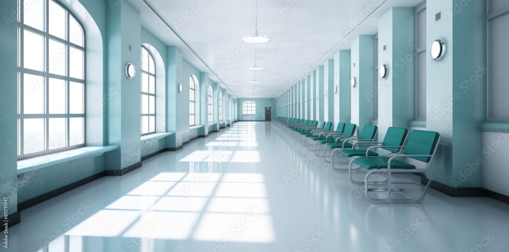 Modern hospital corridor. Illustration AI Generative