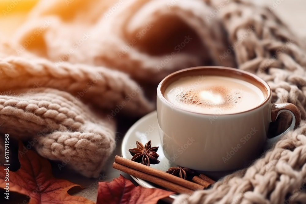 Autumn cozy background with coffee. Illustration AI Generative.