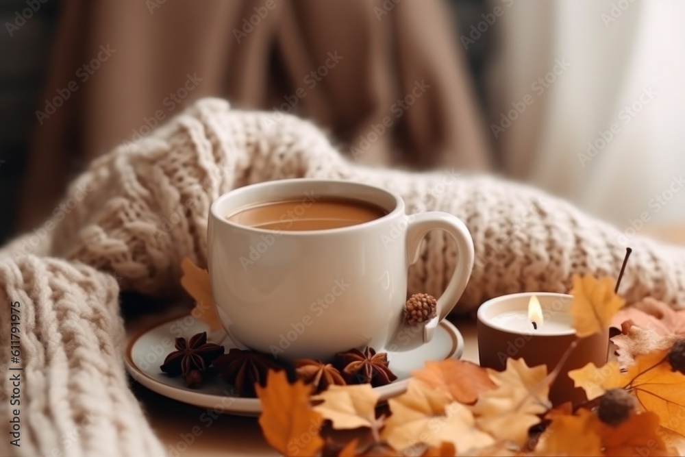 Autumn cozy background with coffee. Illustration AI Generative.