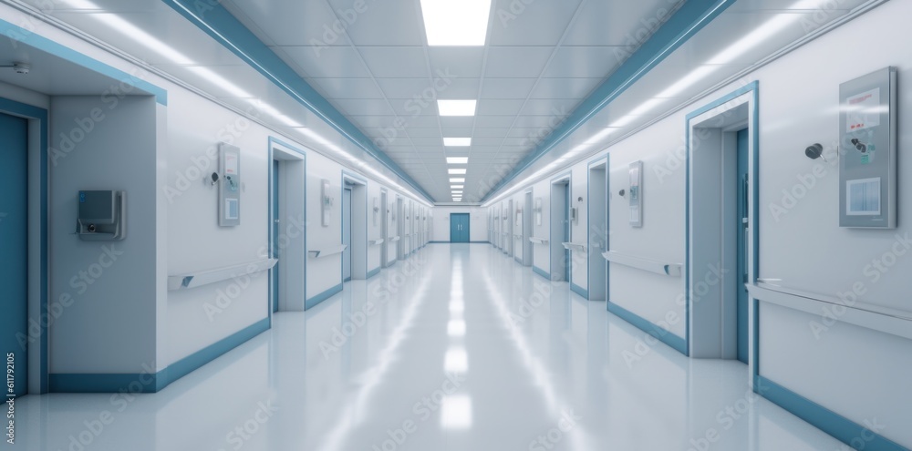 Modern hospital corridor. Illustration AI Generative