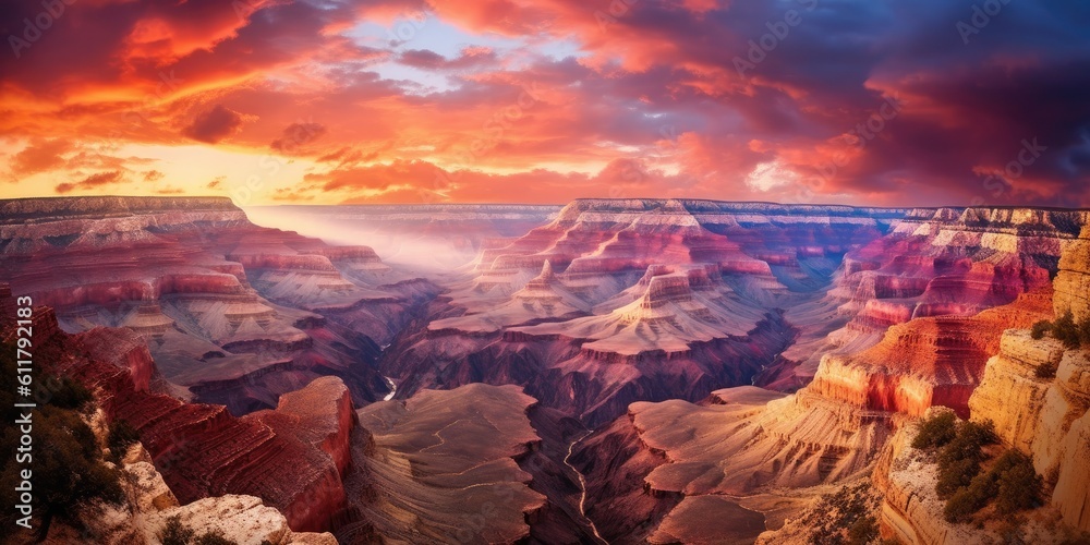 sun begins to rise, its warm rays paint the walls of a deep canyon in hues of orange and pink  Gener