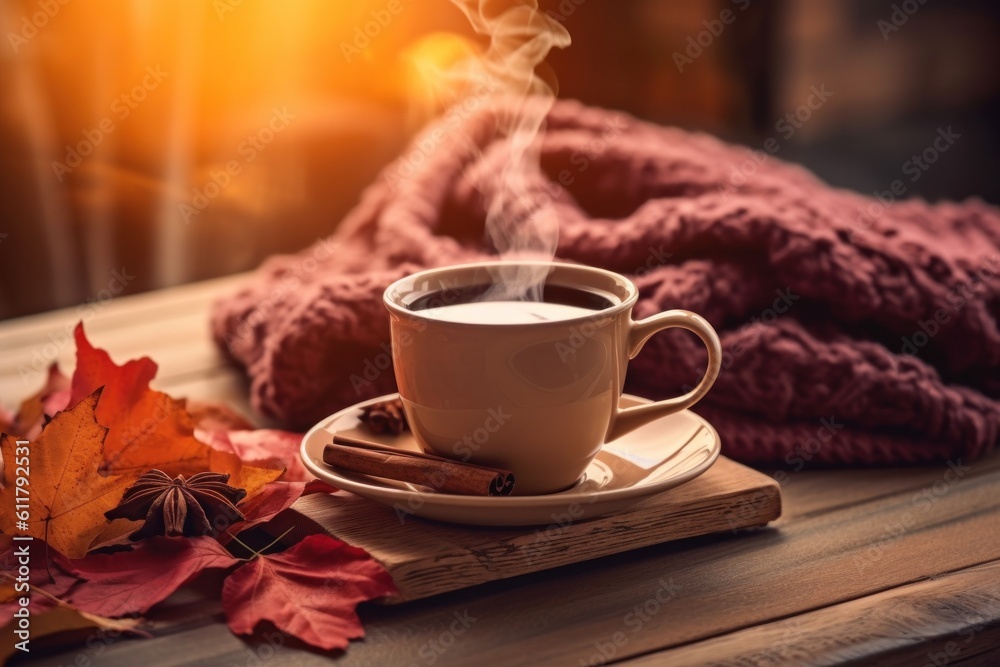 Autumn cozy background with coffee. Illustration AI Generative.