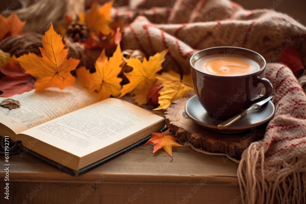 Autumn cozy background with coffee. Illustration AI Generative.