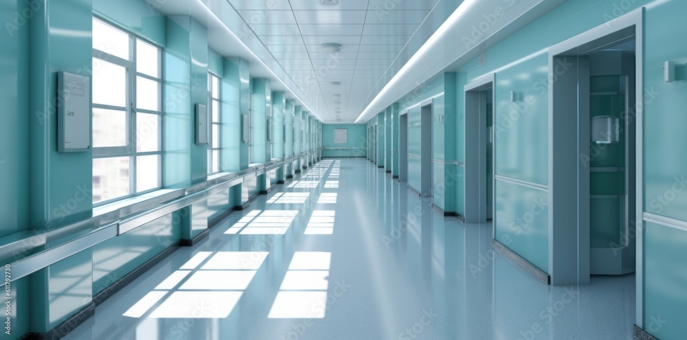 Modern hospital corridor. Illustration AI Generative