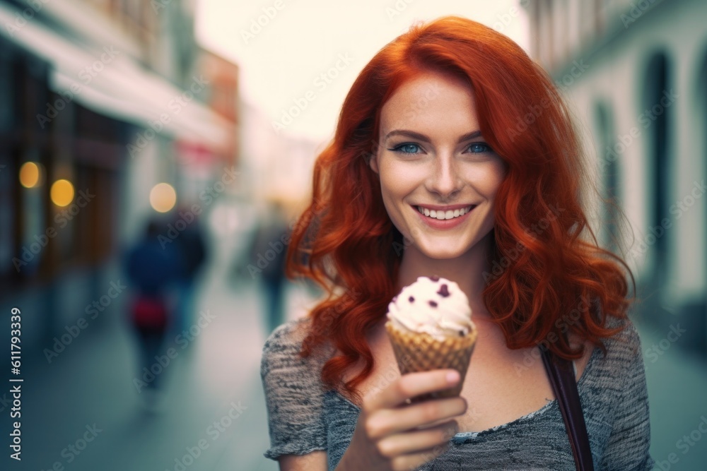 Girl with ice cream. Illustration AI Generative.