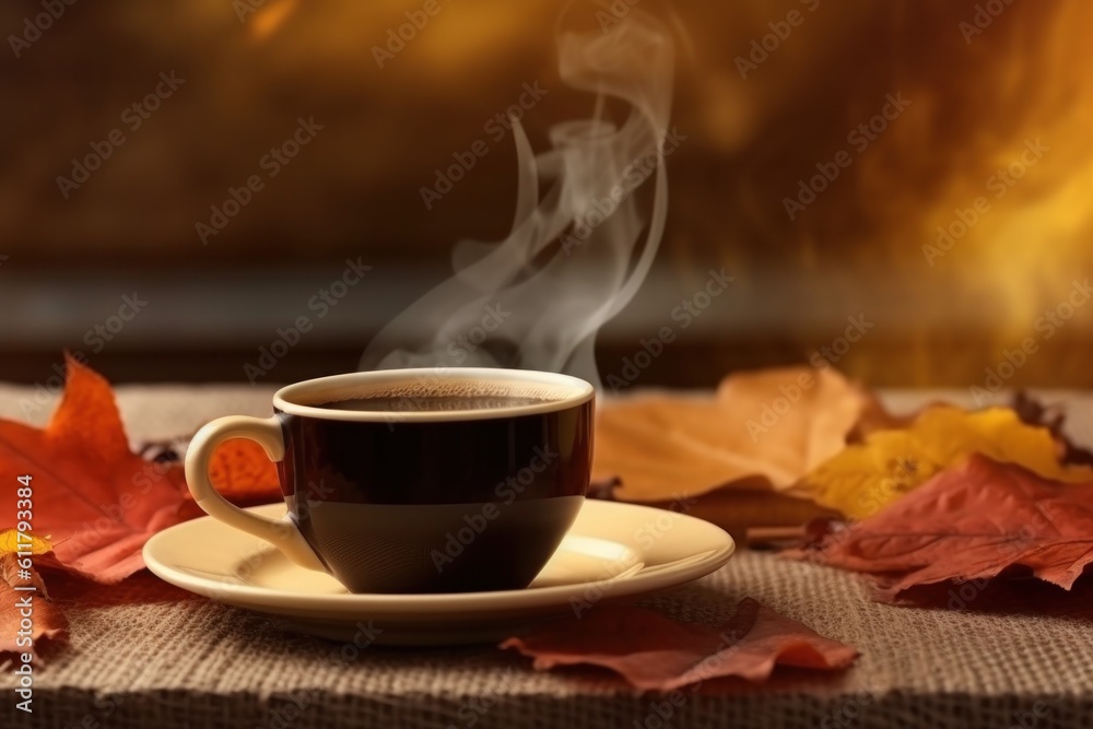 Autumn cozy background with coffee. Illustration AI Generative.