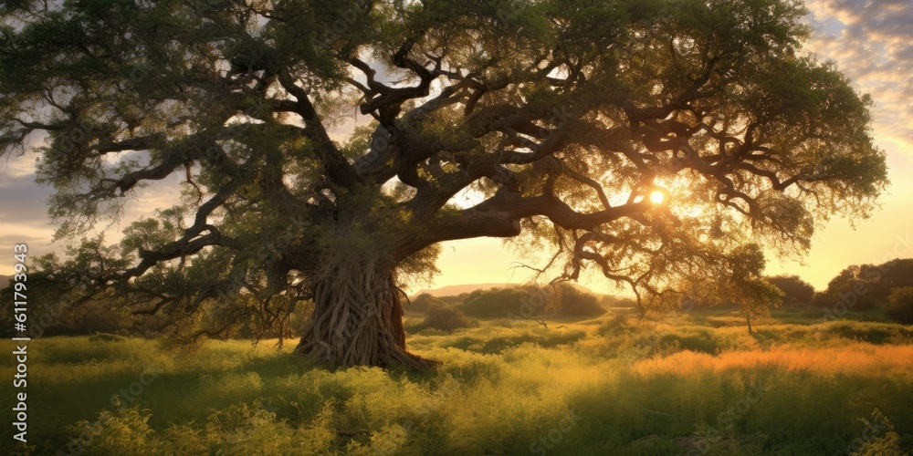 the ancient tree in all its glory, standing tall and proud in a vast field.   Generative AI Digital 