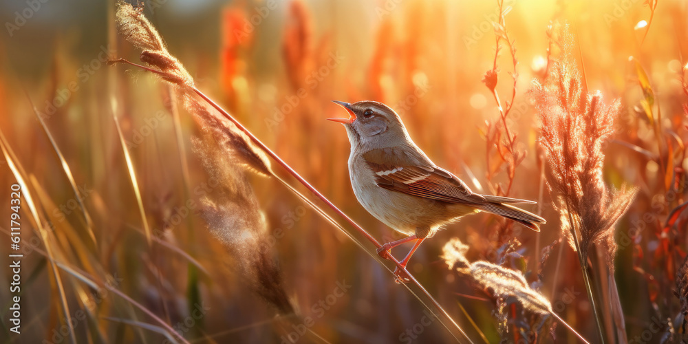 In a sun-drenched meadow, a nightingales song mingles with the gentle rustle of grass.   Generative