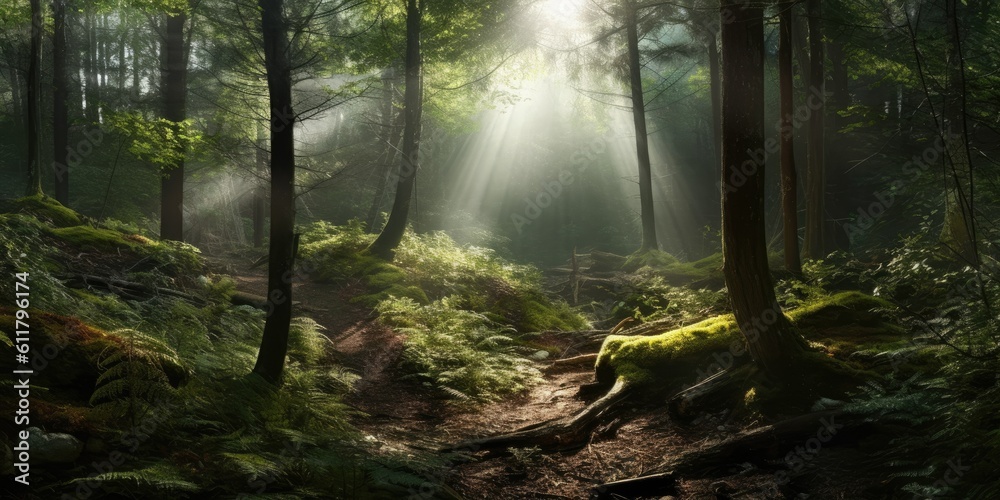 Enchanted Forest dense forest scene with rays of sunlight filtering through the trees, creating a my