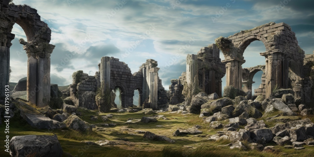 Whispers of History ancient ruins landscape with weathered stone structures, invoking a sense of the