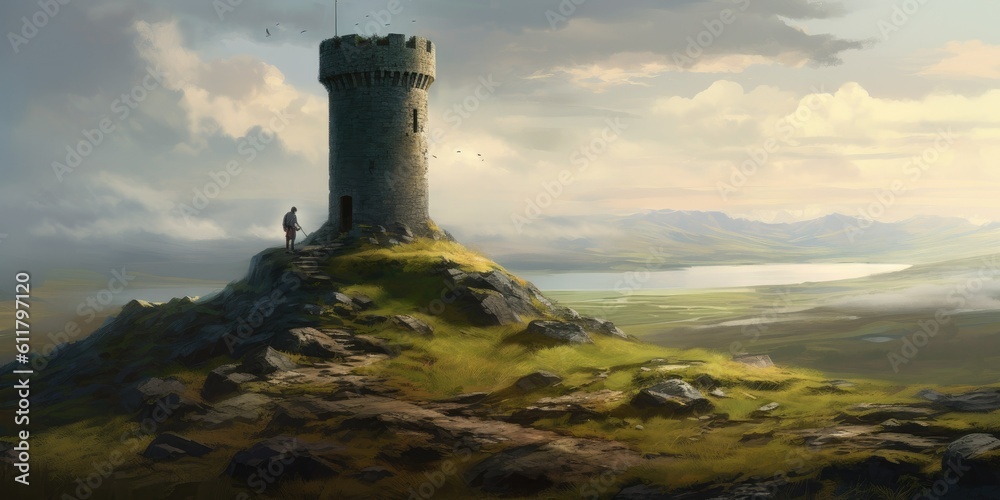 solitary watchtower stands as a sentinel overlooking a forbidden land  Generative AI Digital Illustr