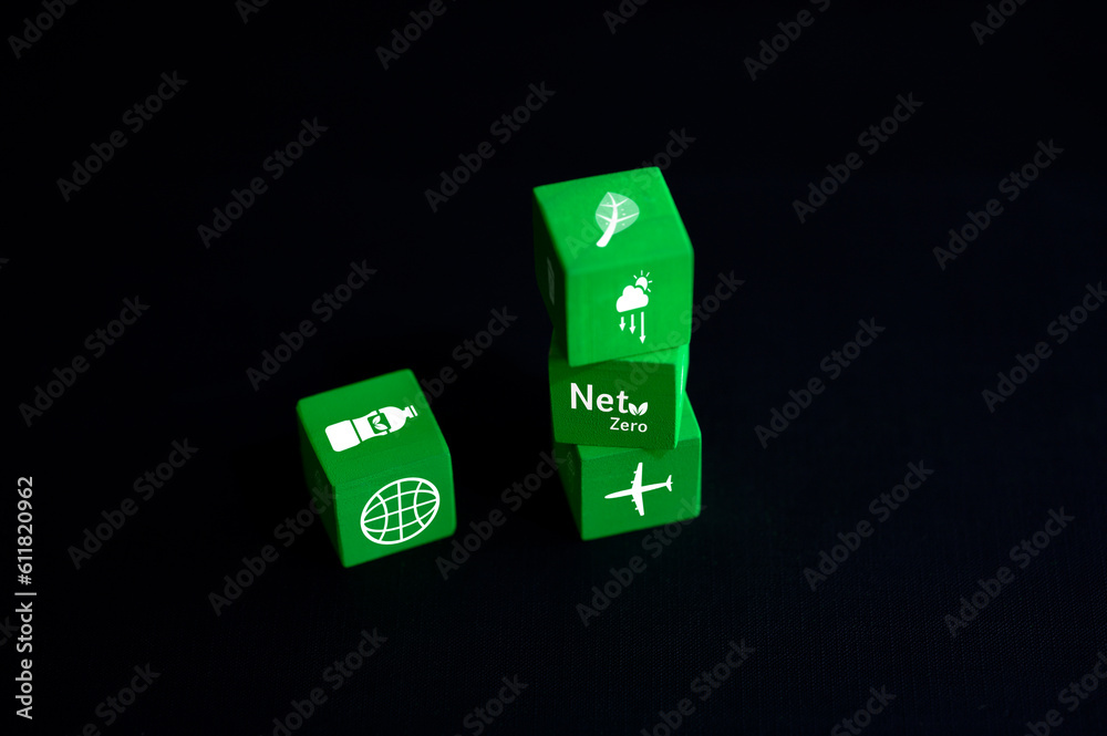 Set of green wooden cubes with eco icons Concept of clean energy conservation and global environment