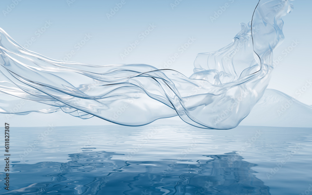 Flowing transparent cloth with water surface, 3d rendering.