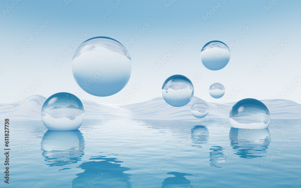 Water surface with round balls background, 3d rendering.