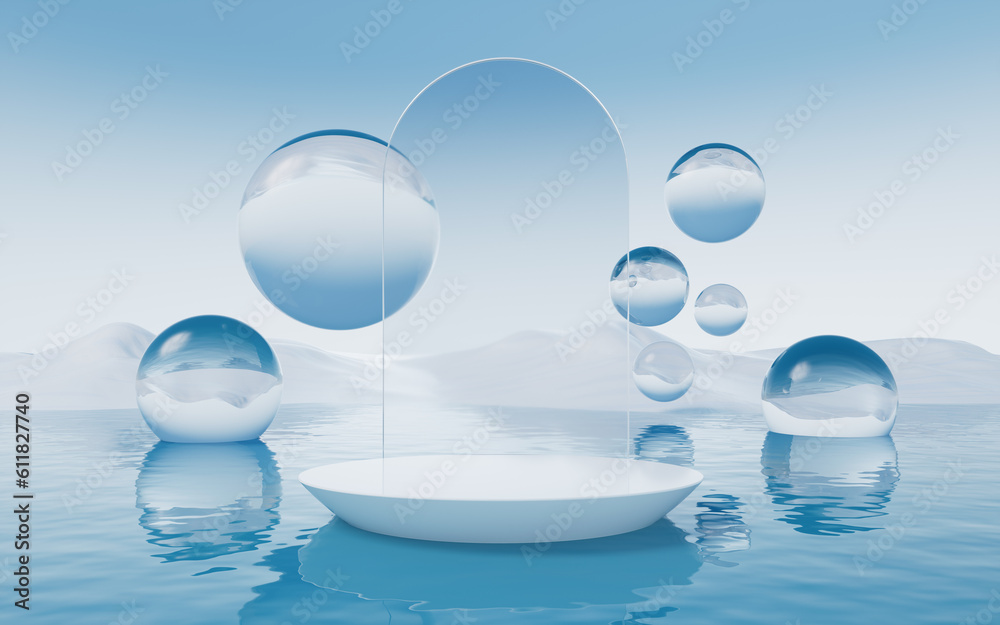 Water surface with round balls background, 3d rendering.