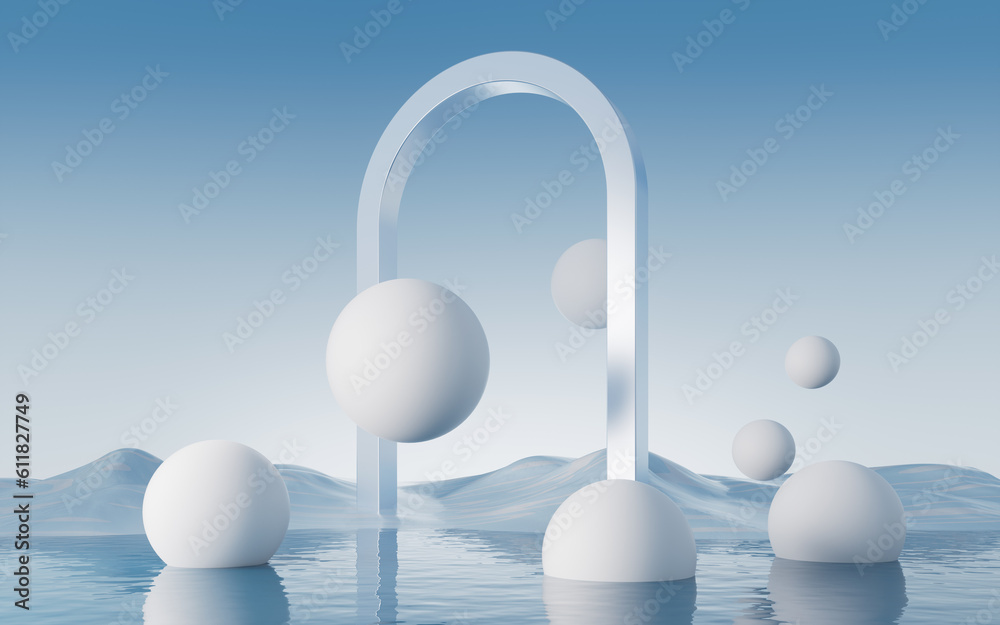 Water surface with round balls background, 3d rendering.