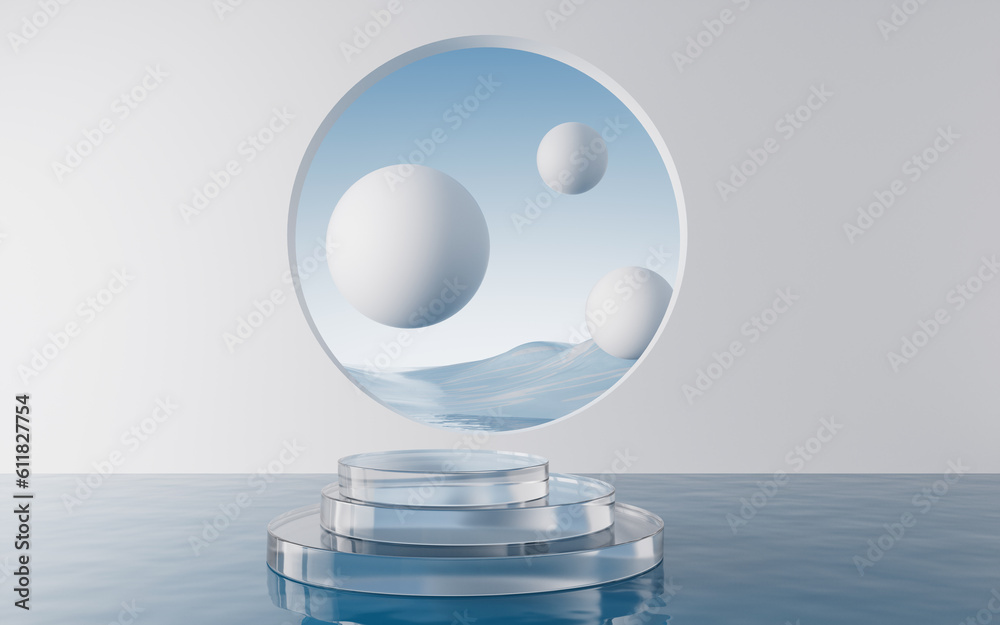 Water surface with round balls background, 3d rendering.