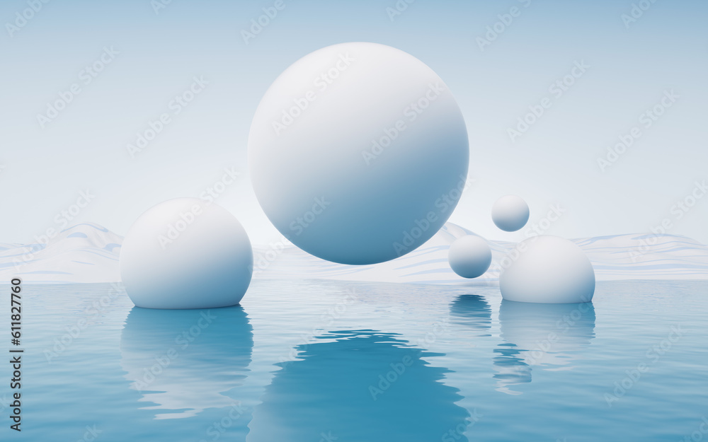 Water surface with round balls background, 3d rendering.