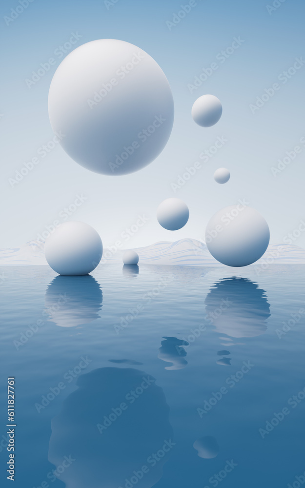 Water surface with round balls background, 3d rendering.