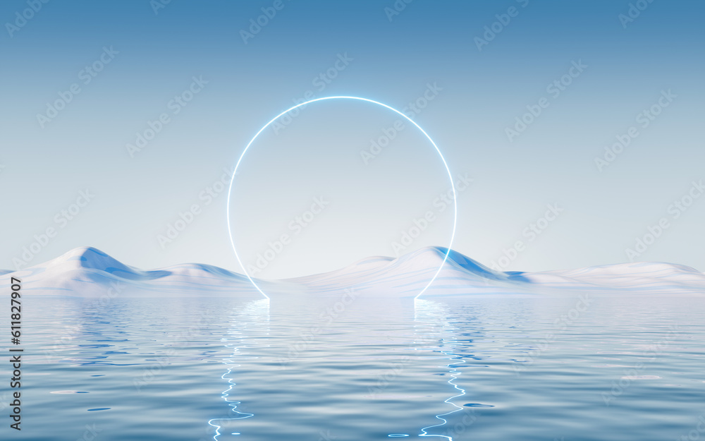 Water surface with glowing neon lines, 3d rendering.