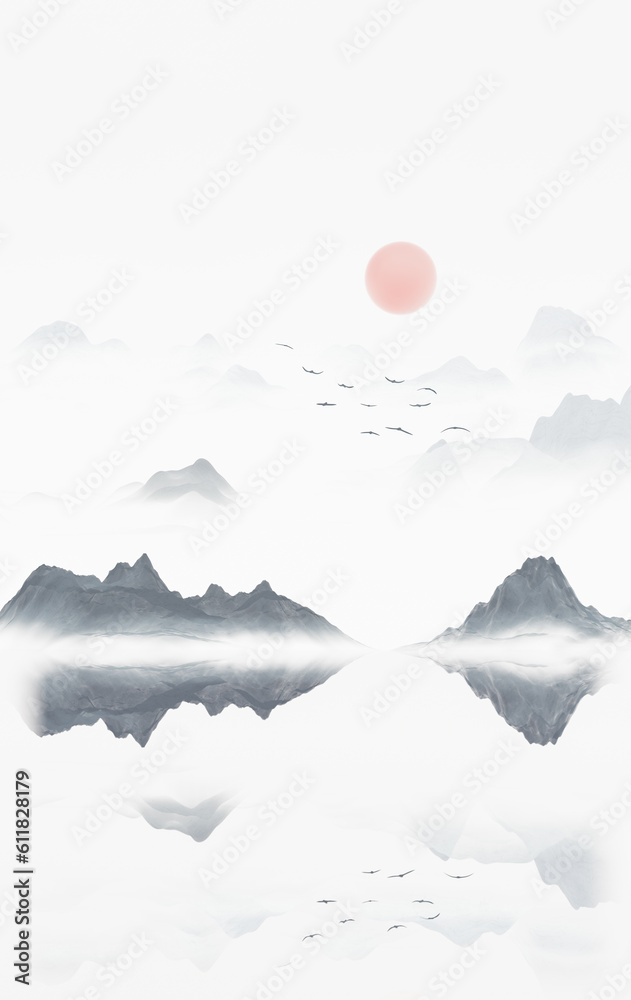 Chinese style ink painting mountains.