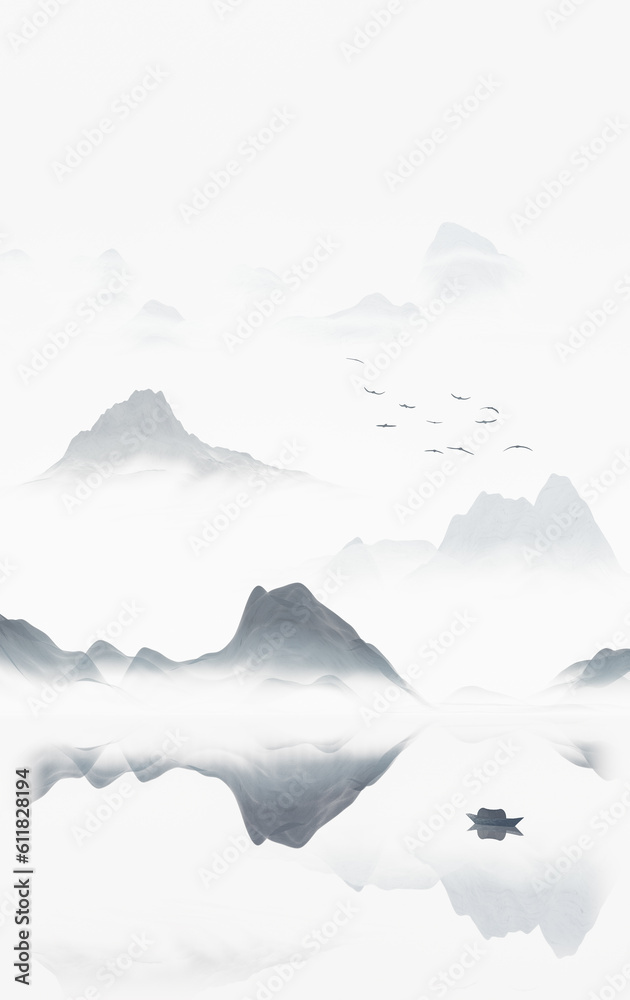 Chinese style ink painting mountains.