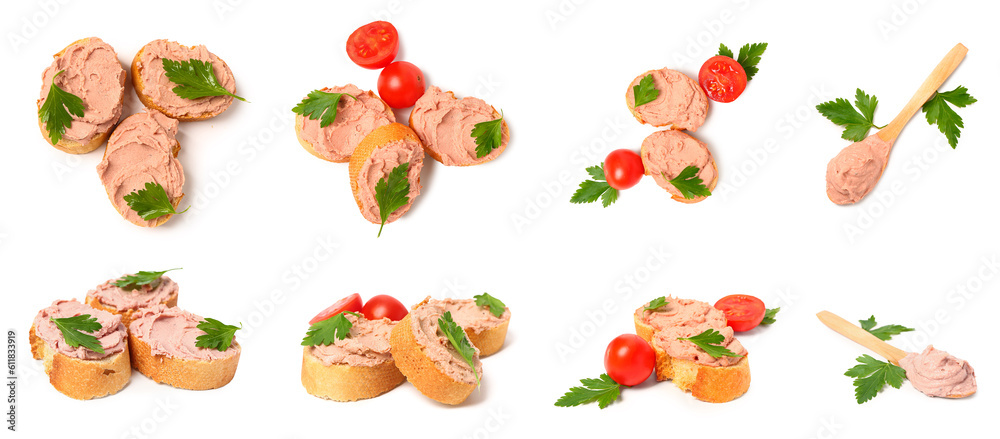 Collage of tasty pate on white background