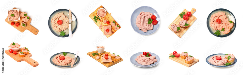 Collage of tasty pate on white background