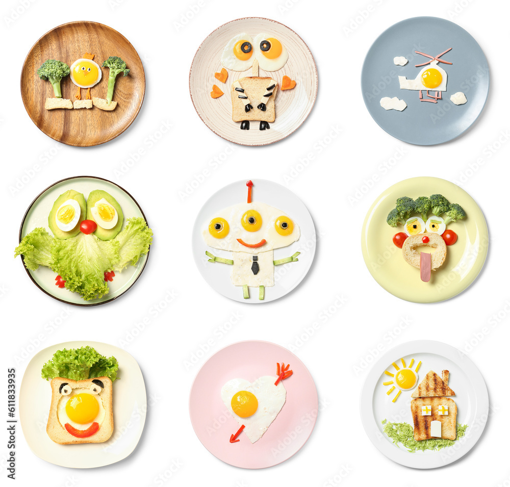 Collage of plates with funny childrens breakfasts on white background, top view