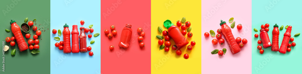 Set of tasty ketchup on color background, top view