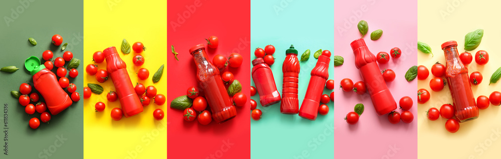 Set of tasty ketchup on color background, top view