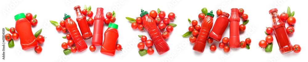 Set of tasty ketchup on white background, top view