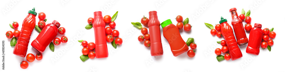 Set of tasty ketchup on white background, top view