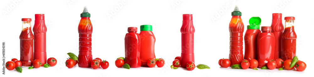 Set of tasty ketchup on white background