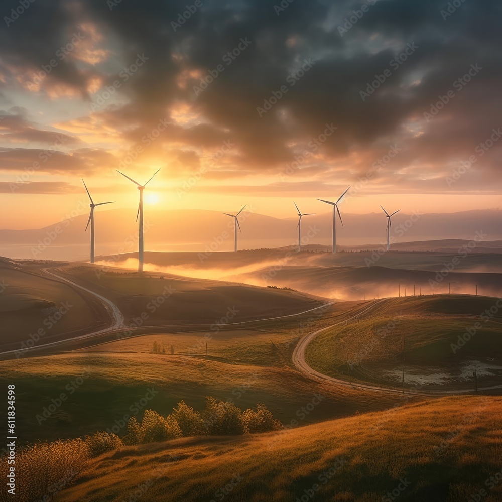 Wind turbines on beautiful sunny summer autumn mountain landsape, Curvy road through mountain Eolic 