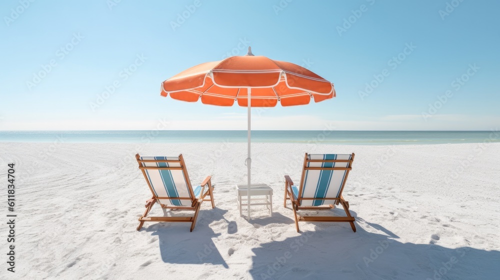 Beach chairs and an umbrella on sand beach, AI generated.