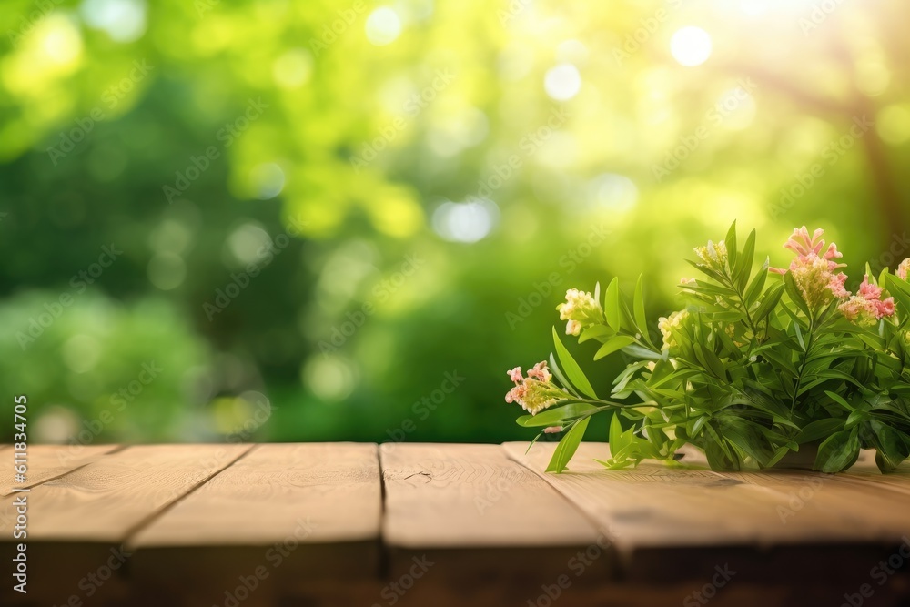 Product display concept of wooden floor at blur trees in park bokeh background in summer, AI generat