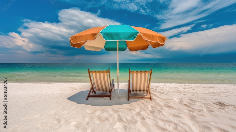 Chairs on Beach,Blue sea and white sand beach with beach chairs and parasol, AI generated.