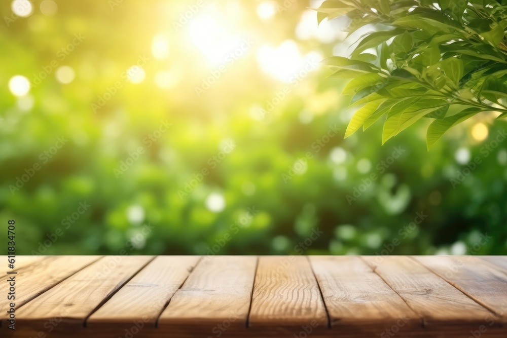 Wooden floor top with branch of green leaves on the nature blurred background with bokeh lights, AI 